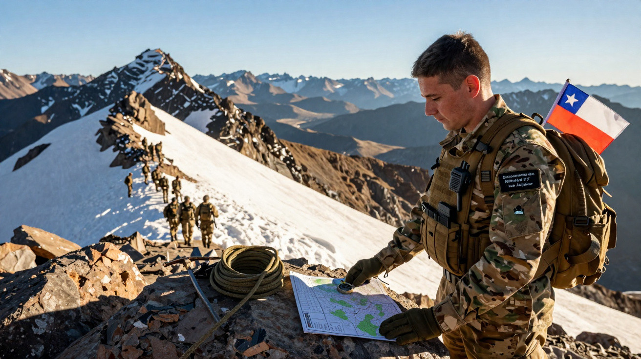 Soldado chileno em uniforme camuflado consulta mapa em montanha com neve, grupo de soldados ao fundo.