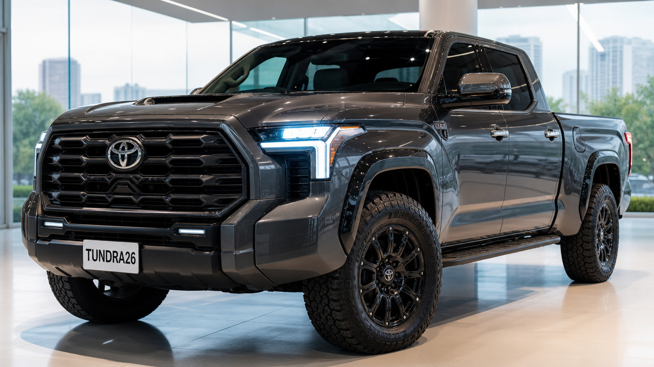 Picape Toyota Tundra cinza escuro com faróis acesos exibida em ambiente interno moderno.