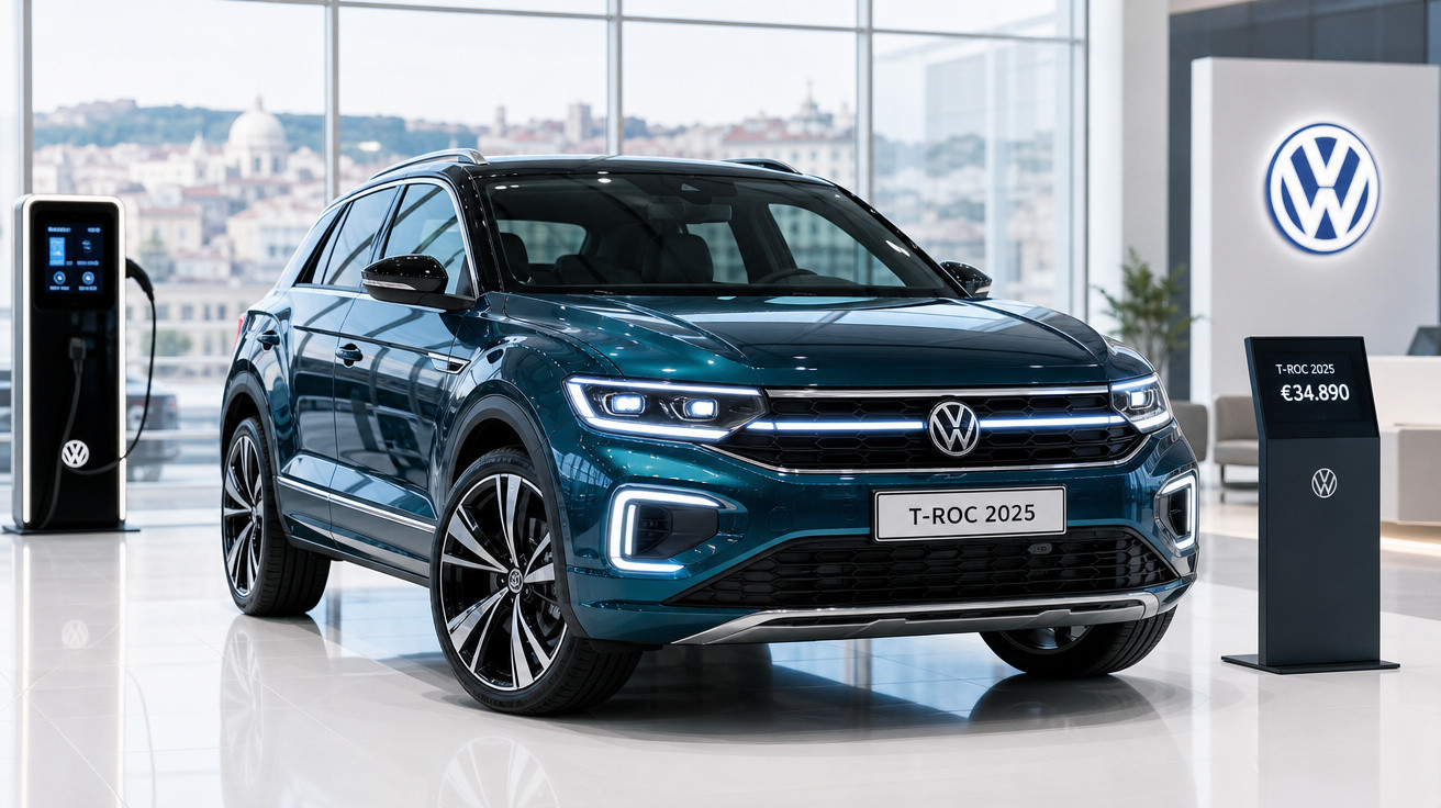 SUV Volkswagen T-Roc 2025 azul em showroom moderno com estação de carregamento elétrica e placa de preço.