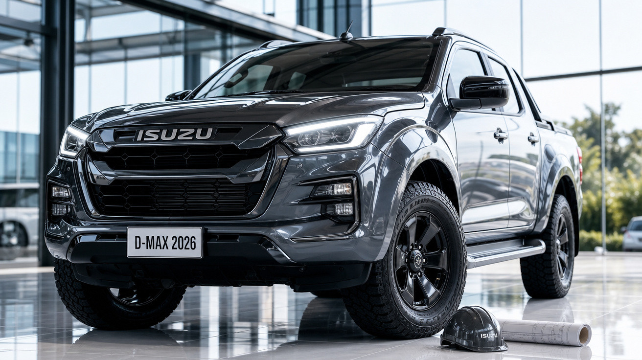 Picape preta Isuzu D-Max 2026 exibida em showroom com capacete e planta ao lado.