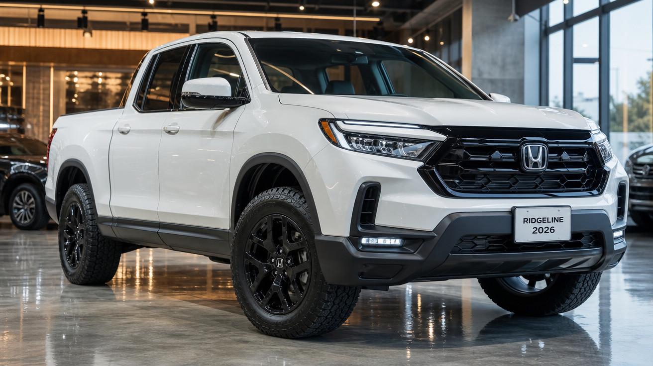Picape Honda Ridgeline 2026 branca estacionada em showroom com rodas pretas e detalhes modernos.
