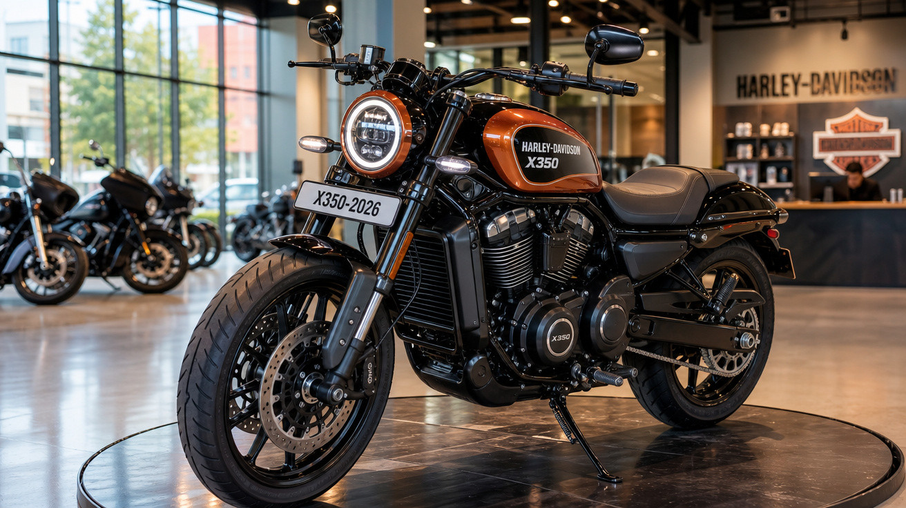 Motocicleta Harley-Davidson X350 laranja e preta em exposição dentro de loja moderna.