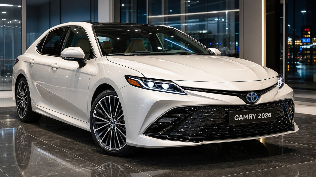 Carro sedan Toyota Camry 2026 branco em exibição dentro de showroom moderno à noite.