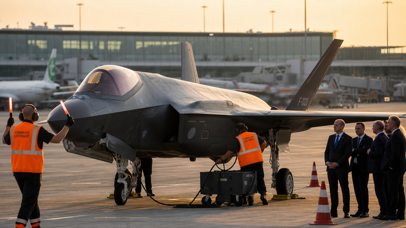 Caça F-35 preto no pátio de aeroporto com técnicos e grupo de oito homens de terno ao lado.
