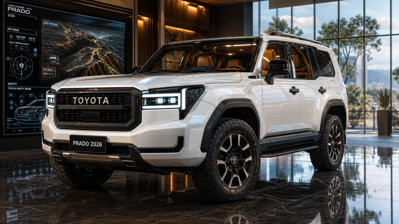 SUV Toyota Prado 2026 branco, exibido em showroom moderno com piso refletivo e grande janela ao fundo.