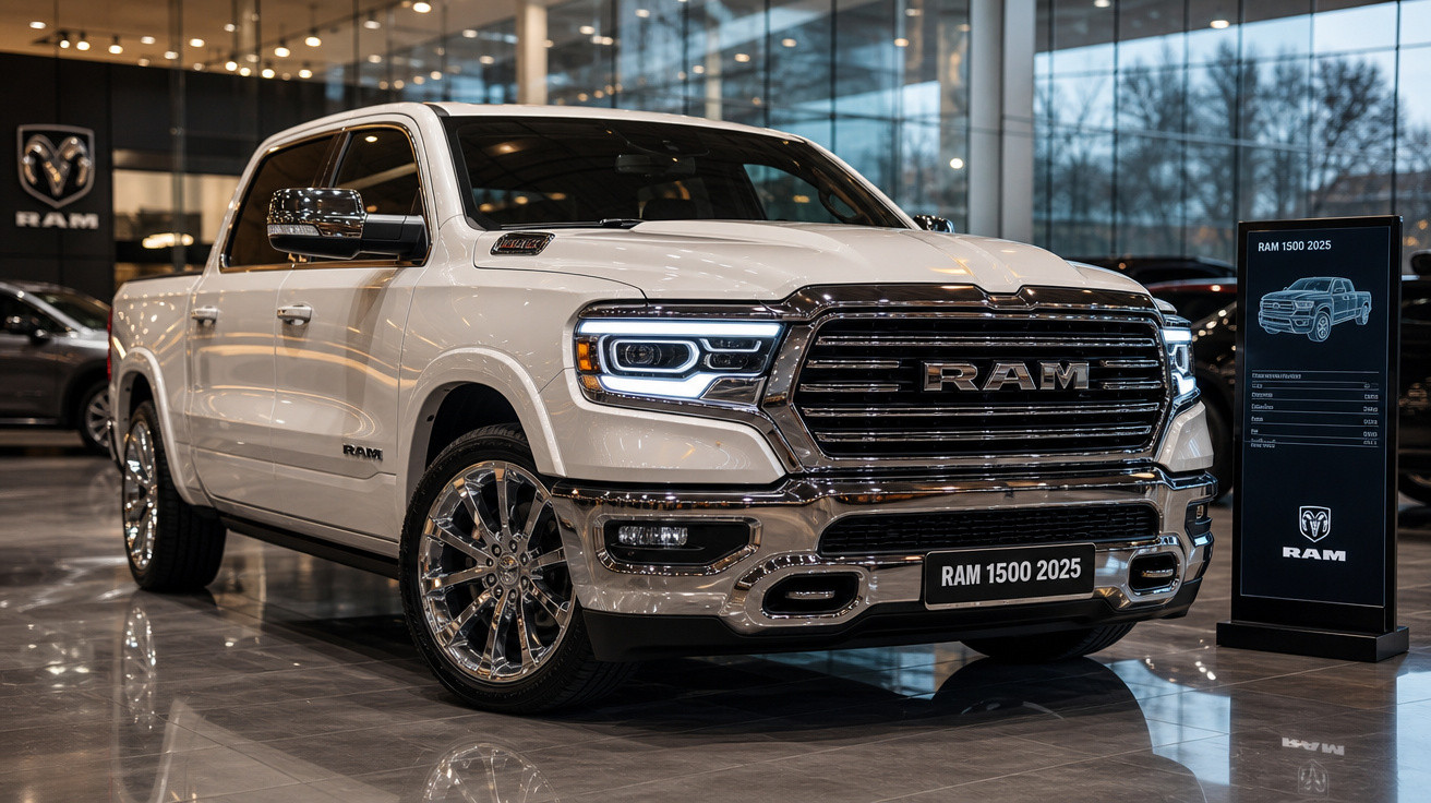 Picape branca RAM 1500 modelo 2025 em showroom com destaque para frente cromada e faróis acesos.