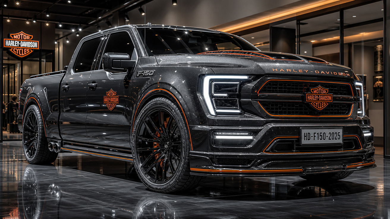 Picape preta Harley-Davidson F-150 com detalhes em laranja em showroom moderno e iluminado.