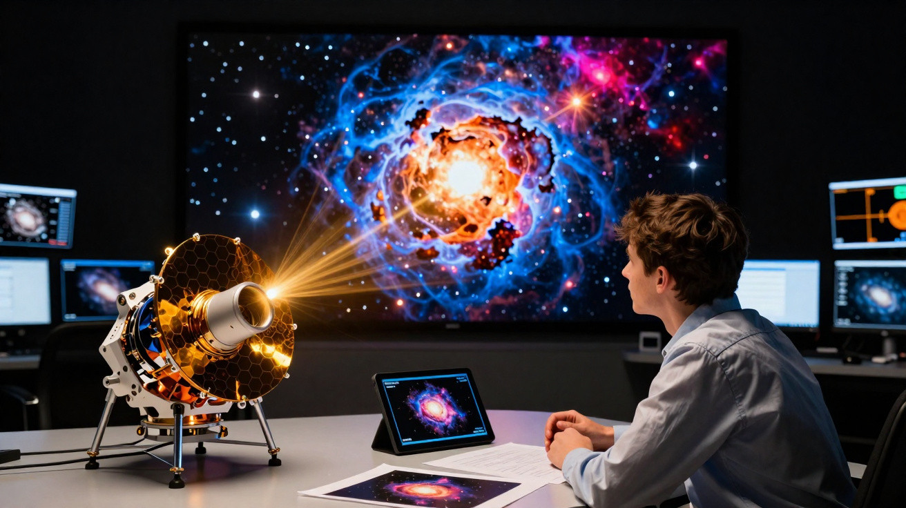 Homem observa modelo de telescópio e imagens de galáxias coloridas em telas de computador em laboratório escuro.