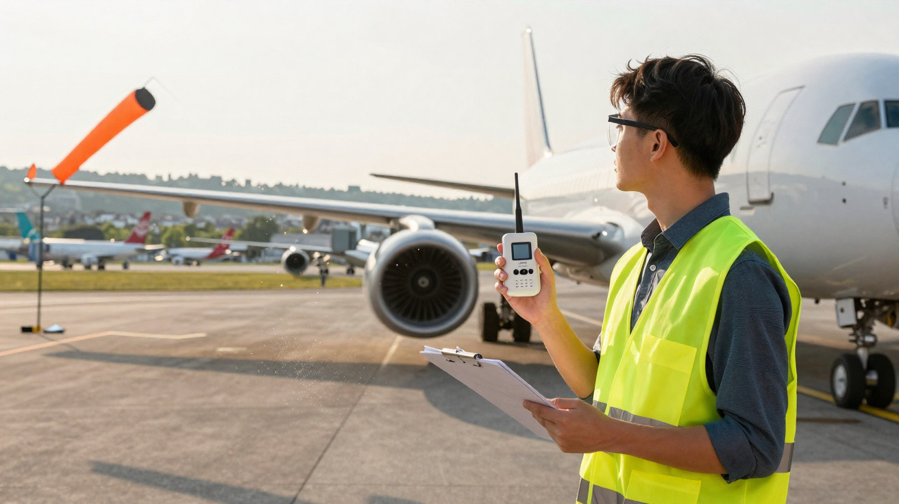 Homem com colete refletivo e walkie-talkie inspecionando avião no aeroporto ao entardecer.