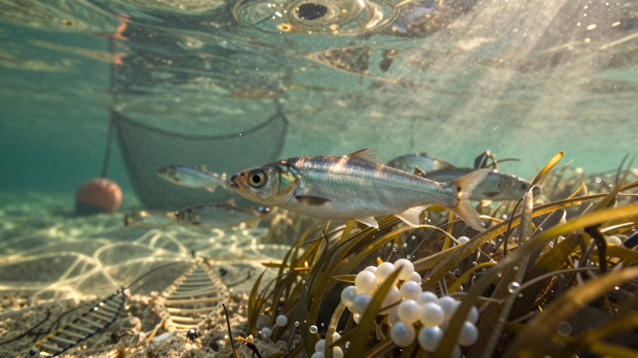 Peixe nadando em água clara com vegetação aquática e ovos presos às plantas no fundo do mar.