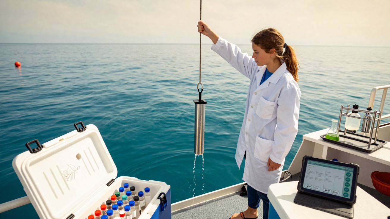 Mulher em jaleco coleta amostra de água do mar em barco com equipamentos de análise científica.