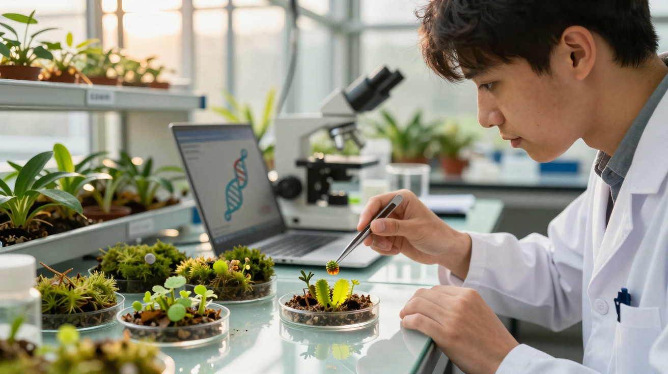 Cientista em laboratório manipulando plantas em placas de Petri com laptop e microscópio ao fundo.