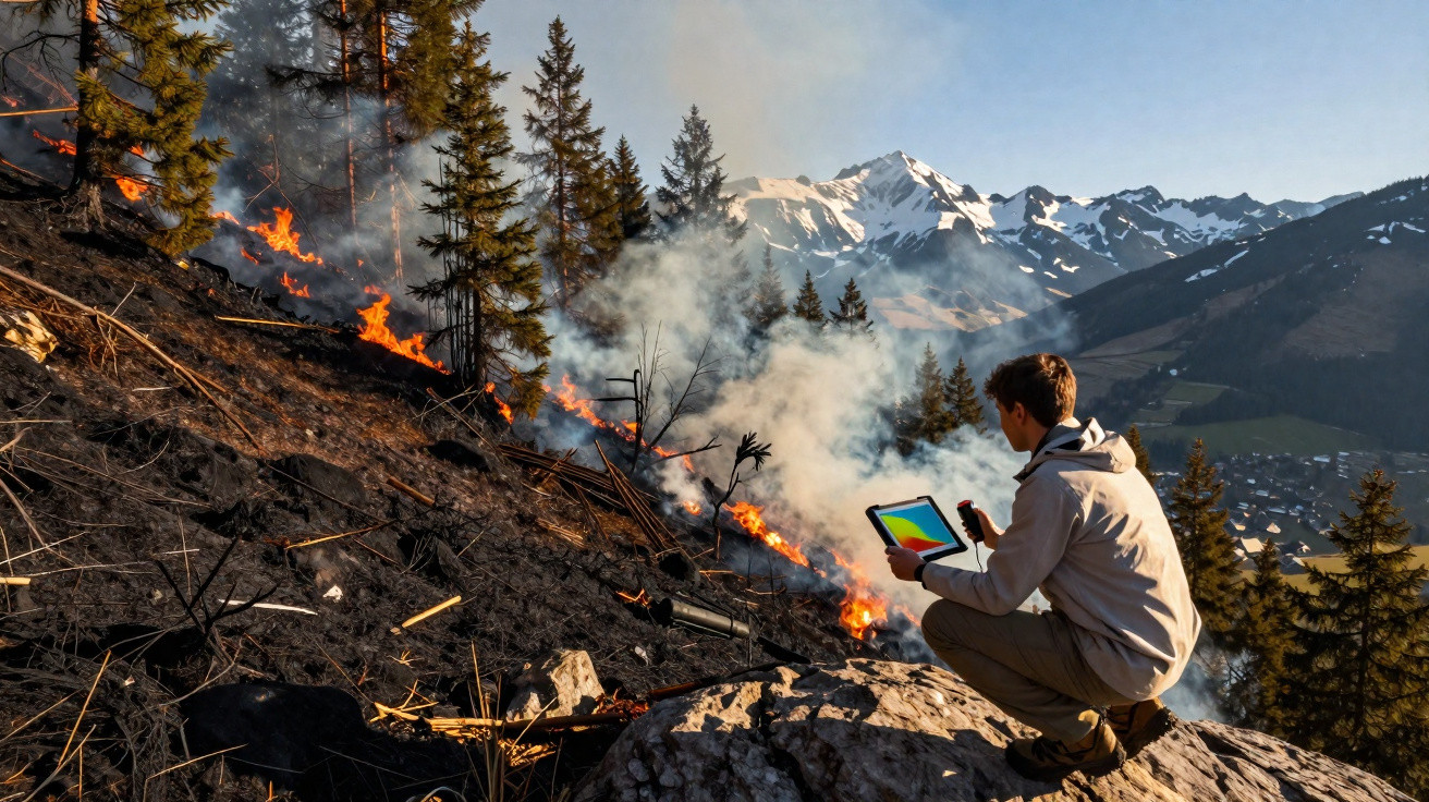 Pesquisador com tablet monitorando incêndio florestal em encosta de montanha com neve ao fundo.
