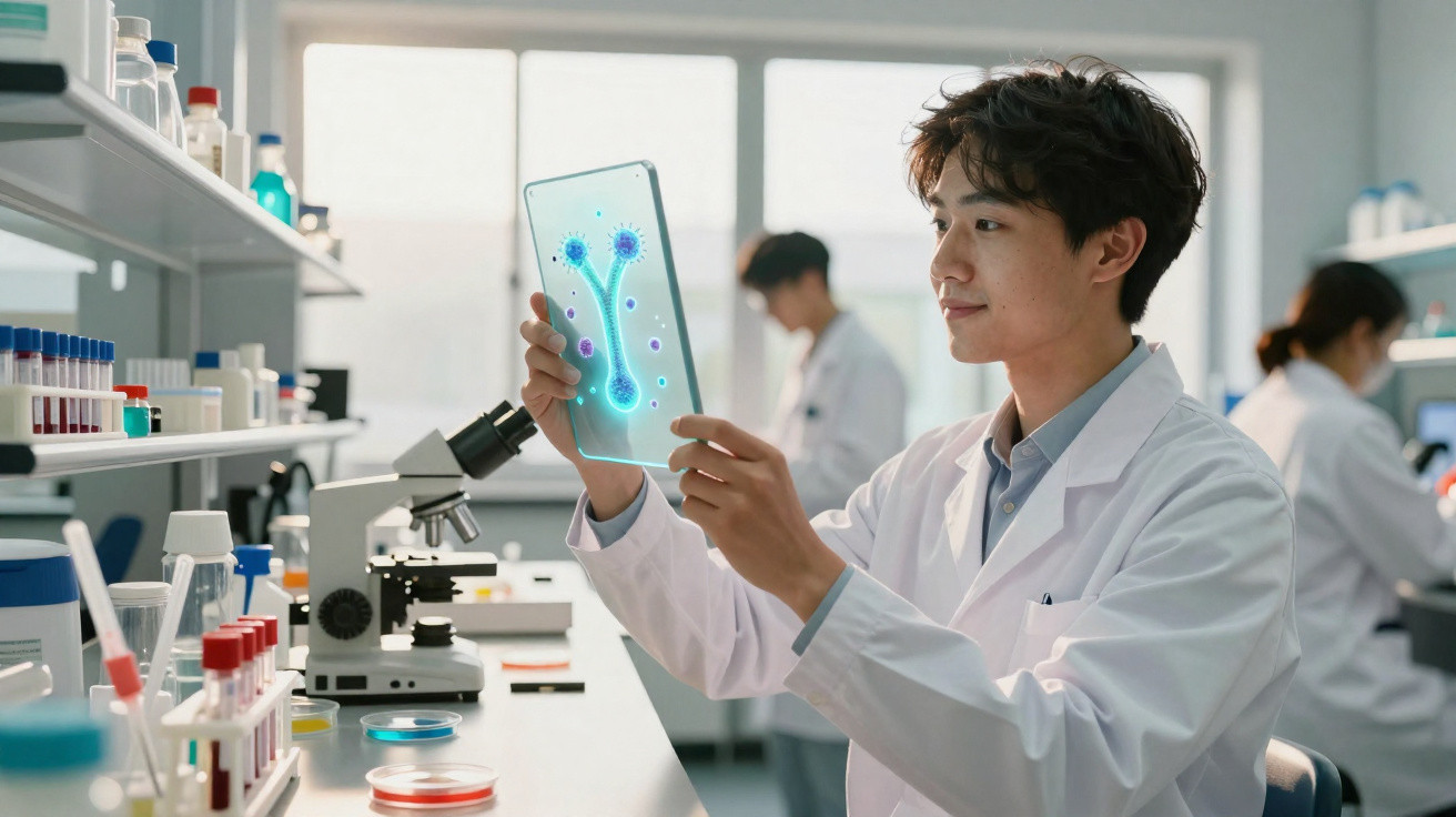 Cientista em laboratório segurando dispositivo digital com imagem holográfica de microrganismos.