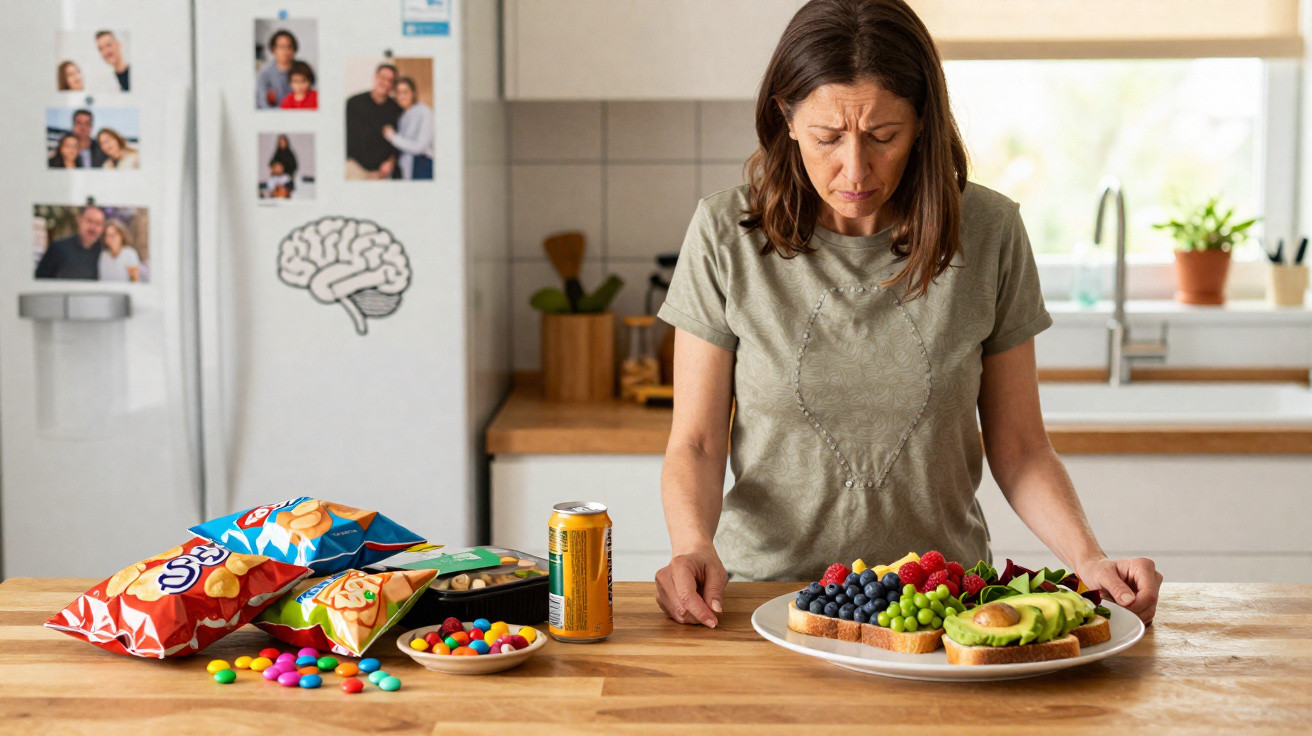 Mulher olhando pensativa para duas opções de comida: salgadinhos e doces de um lado e torradas com frutas do outro.