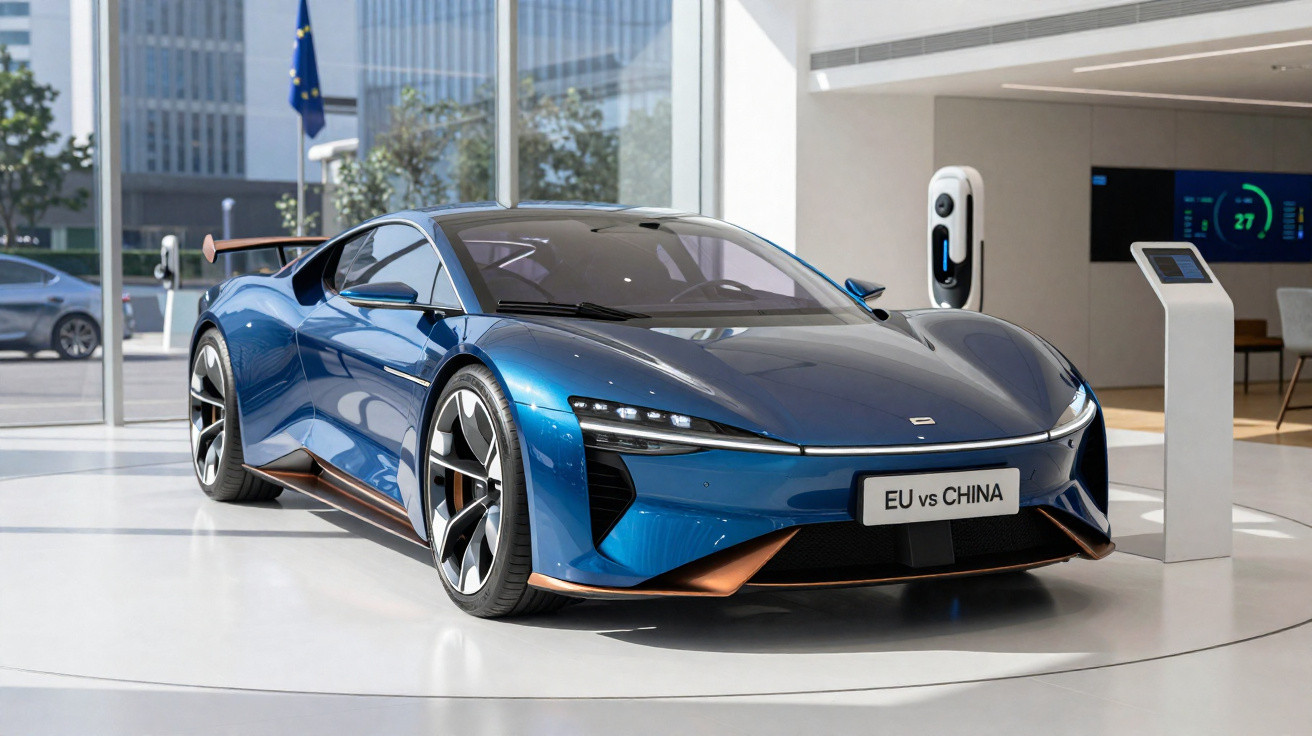 Carro esportivo elétrico azul em exposição interna com placa "EU vs CHINA" e estação de carregamento atrás.