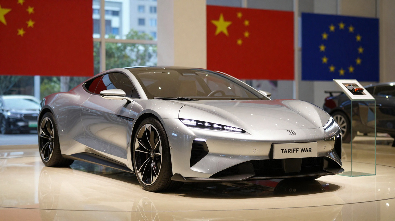 Carro esportivo prata estacionado em exposição com bandeiras da China e União Europeia ao fundo.