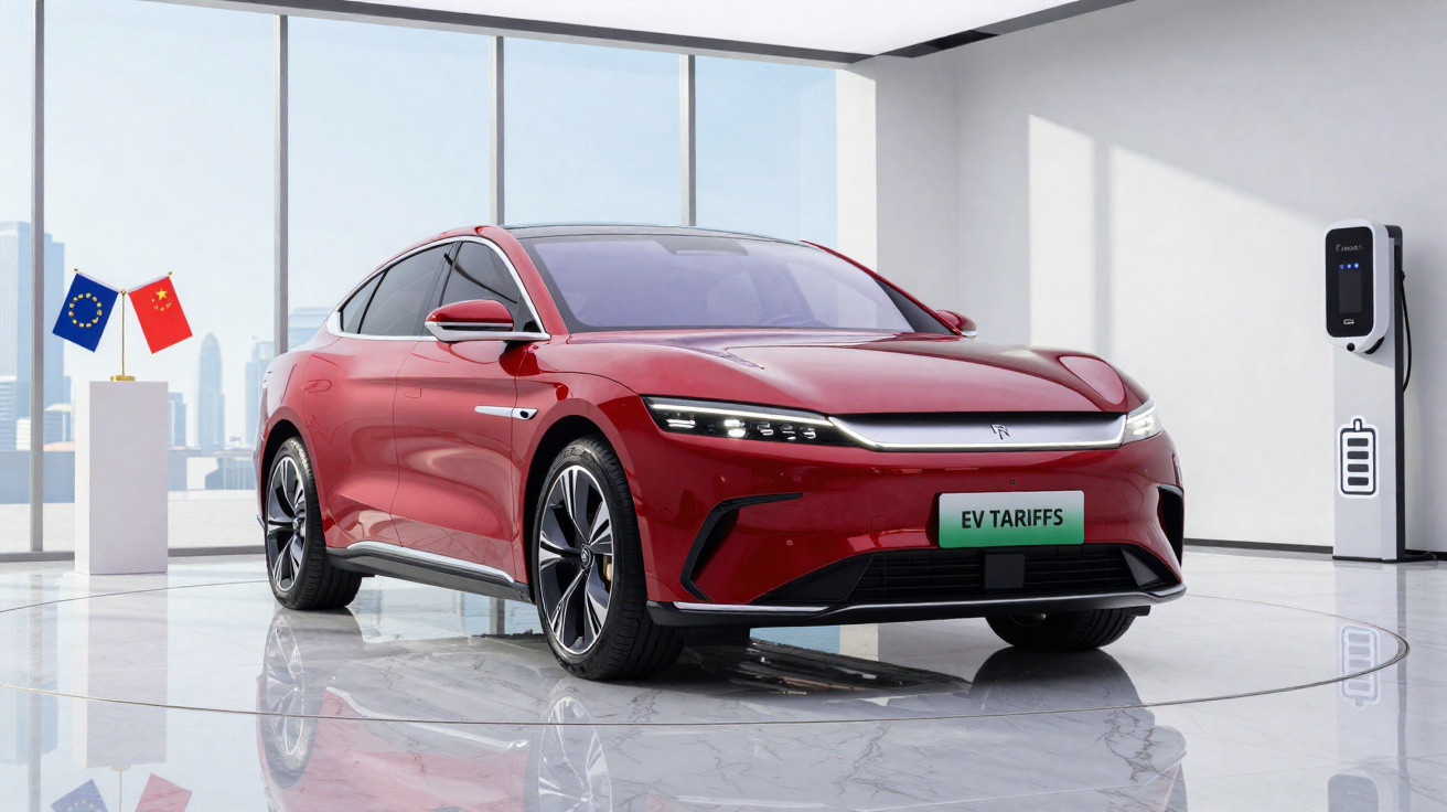 Carro elétrico vermelho estacionado em showroom moderno com carregador e bandeiras da União Europeia e China.
