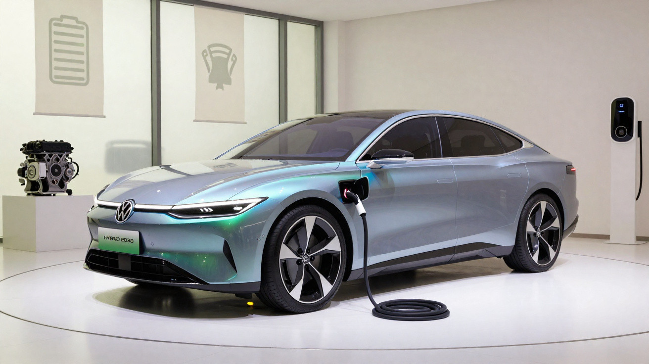 Carro elétrico Volkswagen híbrido prata carregando em estação de recarga interna moderna.