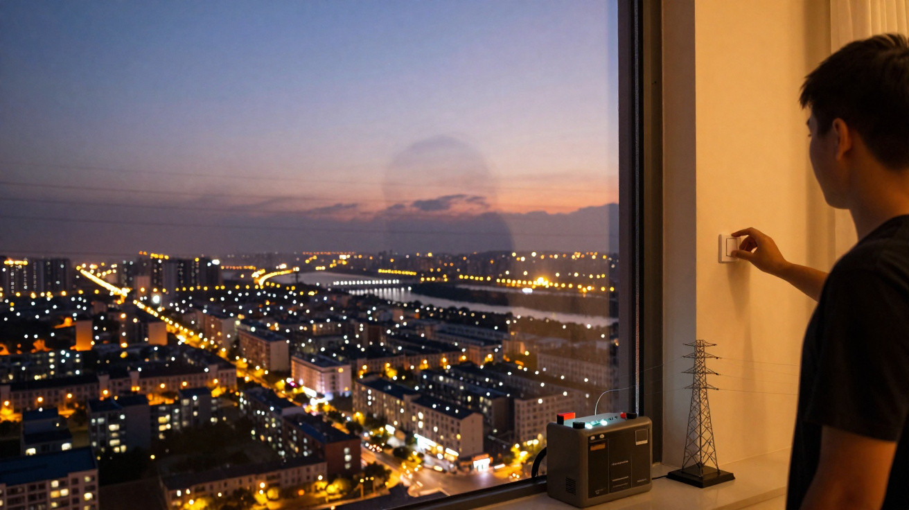 Pessoa apagando luz ao lado de janela com vista noturna panorâmica de cidade iluminada.