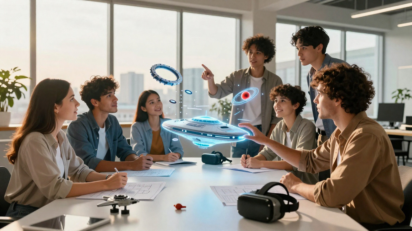 Grupo de jovens em reunião com projeção holográfica de nave espacial em escritório moderno.