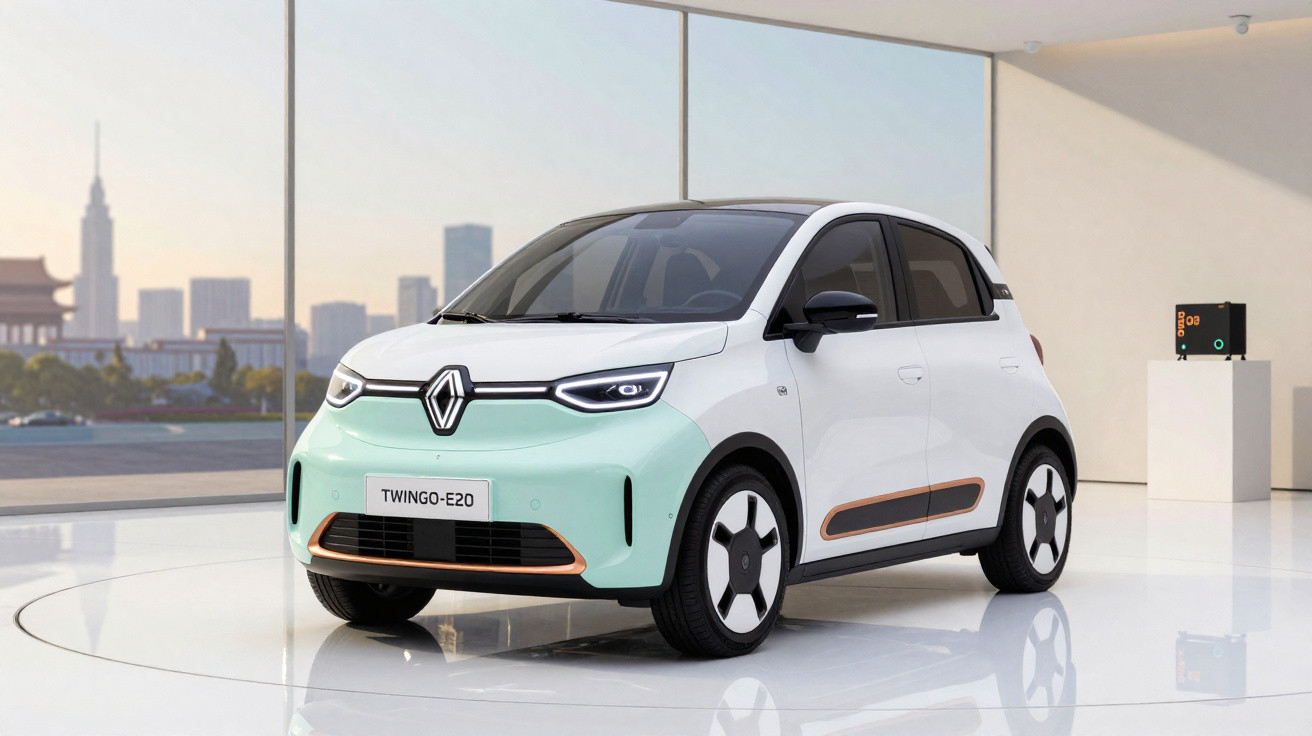 Renault Twingo E20 branco e verde claro exposto em salão moderno com vista para cidade ao fundo.