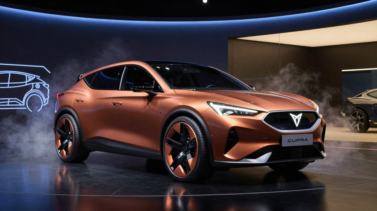 Carro SUV Cupra bronze com design moderno em estande com fumaça e iluminação azul.