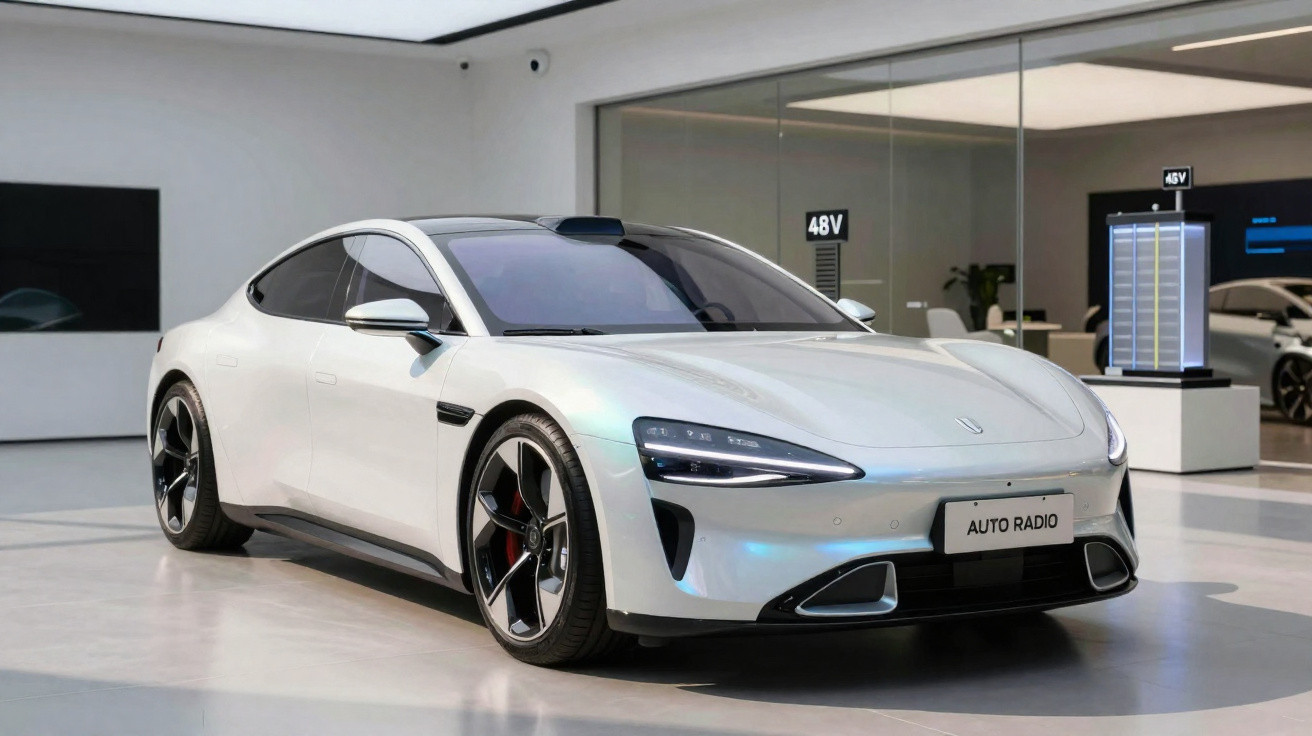 Carro esportivo branco com design moderno exposto em ambiente interno com painéis e luzes LED.