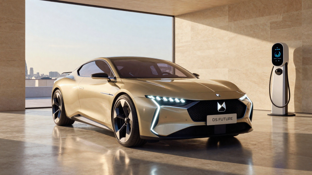 Carro elétrico esportivo DS Future dourado estacionado em garagem moderna com estação de recarga elétrica.