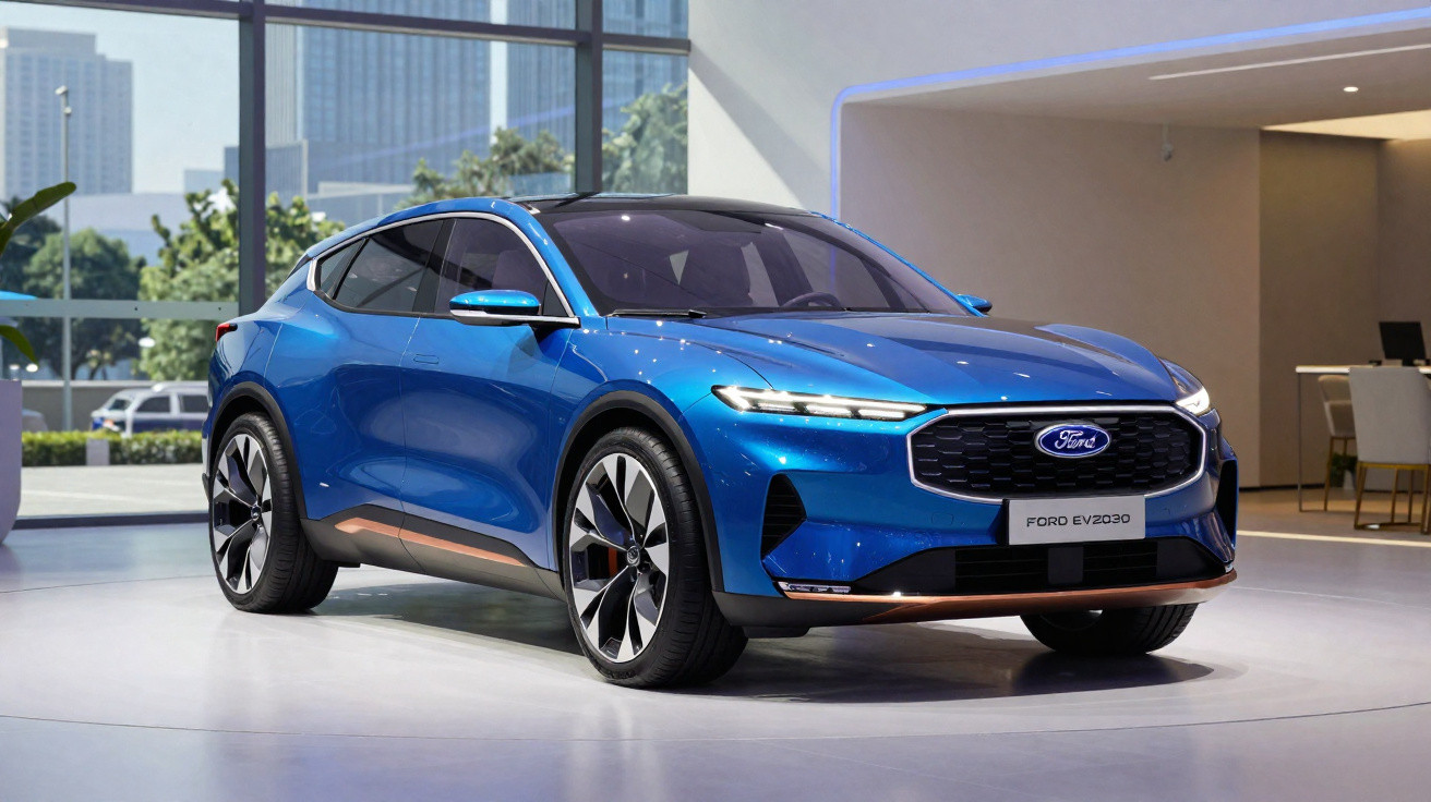 Carro elétrico azul Ford EV2030 em exposição moderna com grandes janelas e ambiente interno iluminado.