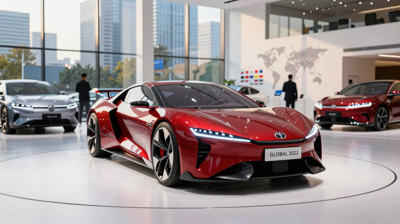 Carro esportivo vermelho da Toyota em exposição, com dois veículos elétricos e pessoas ao fundo em ambiente moderno.