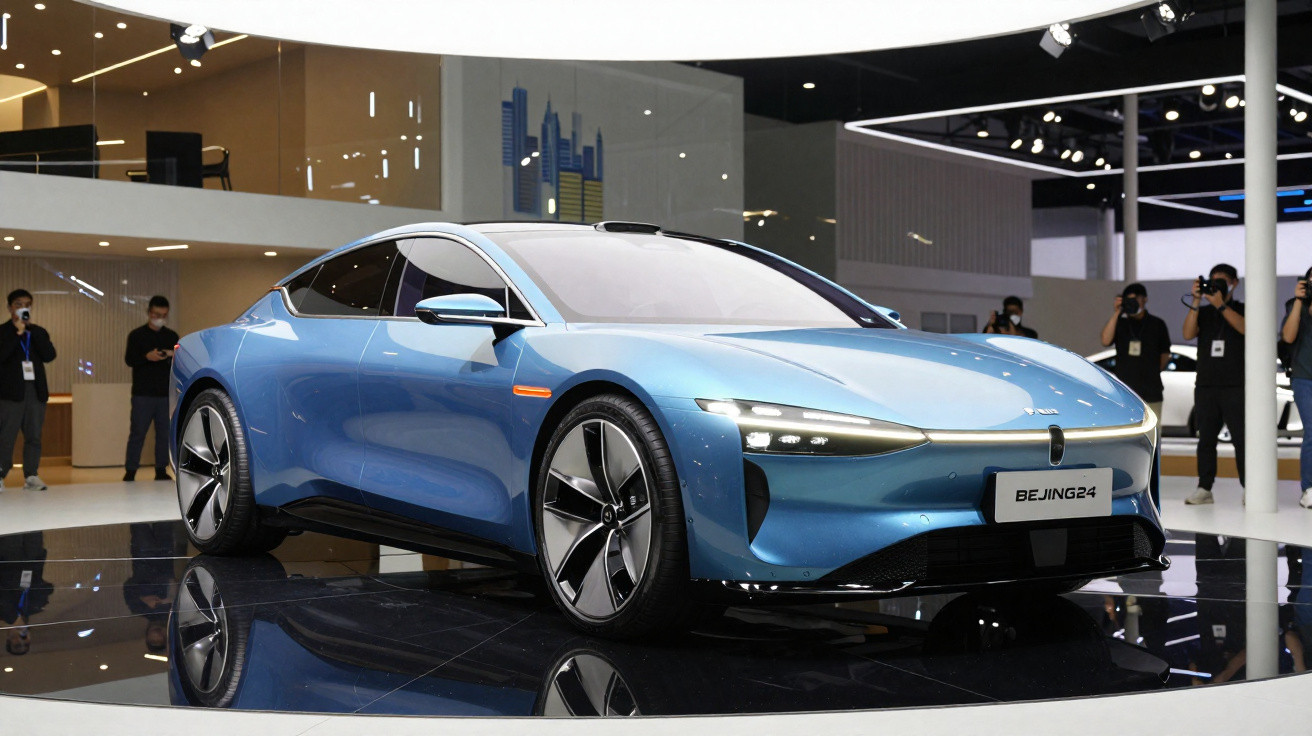 Carro elétrico azul brilhante BEIJING-E4 exibido em salão de automóveis moderno com fotógrafos ao fundo.