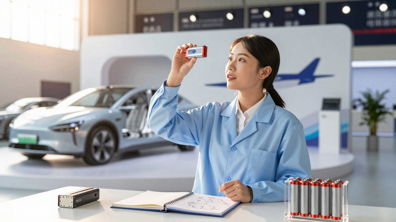 Mulher em jaleco azul analisando bateria em laboratório com carro elétrico ao fundo.