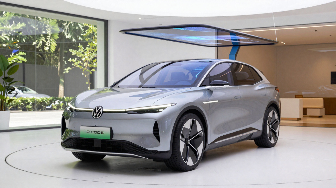 Carro elétrico Volkswagen ID. CODE cinza exposto em ambiente moderno com teto de vidro e iluminação natural.