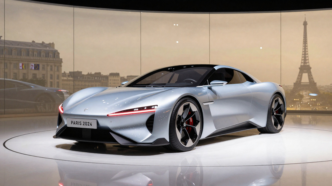Carro esportivo prata moderno exibido em vitrine com a Torre Eiffel ao fundo em Paris.