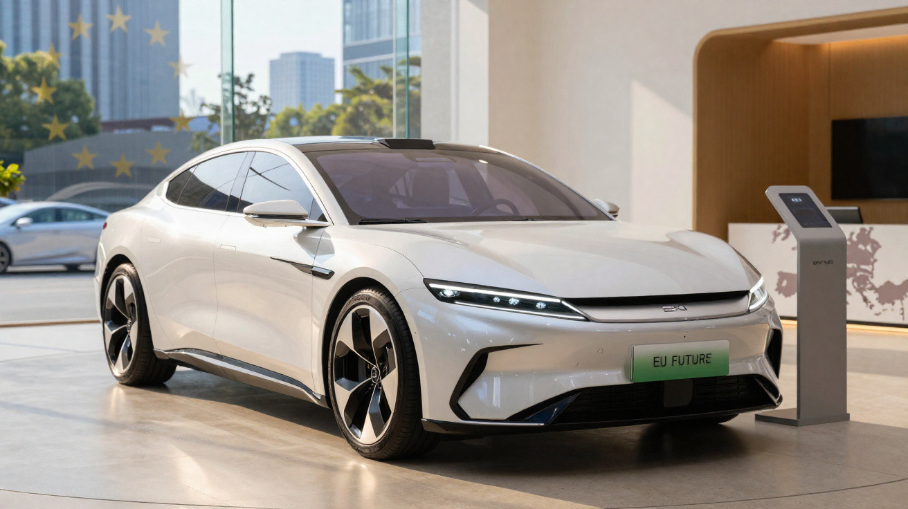 Carro elétrico branco futurista estacionado em showroom moderno com painel de controle ao lado.