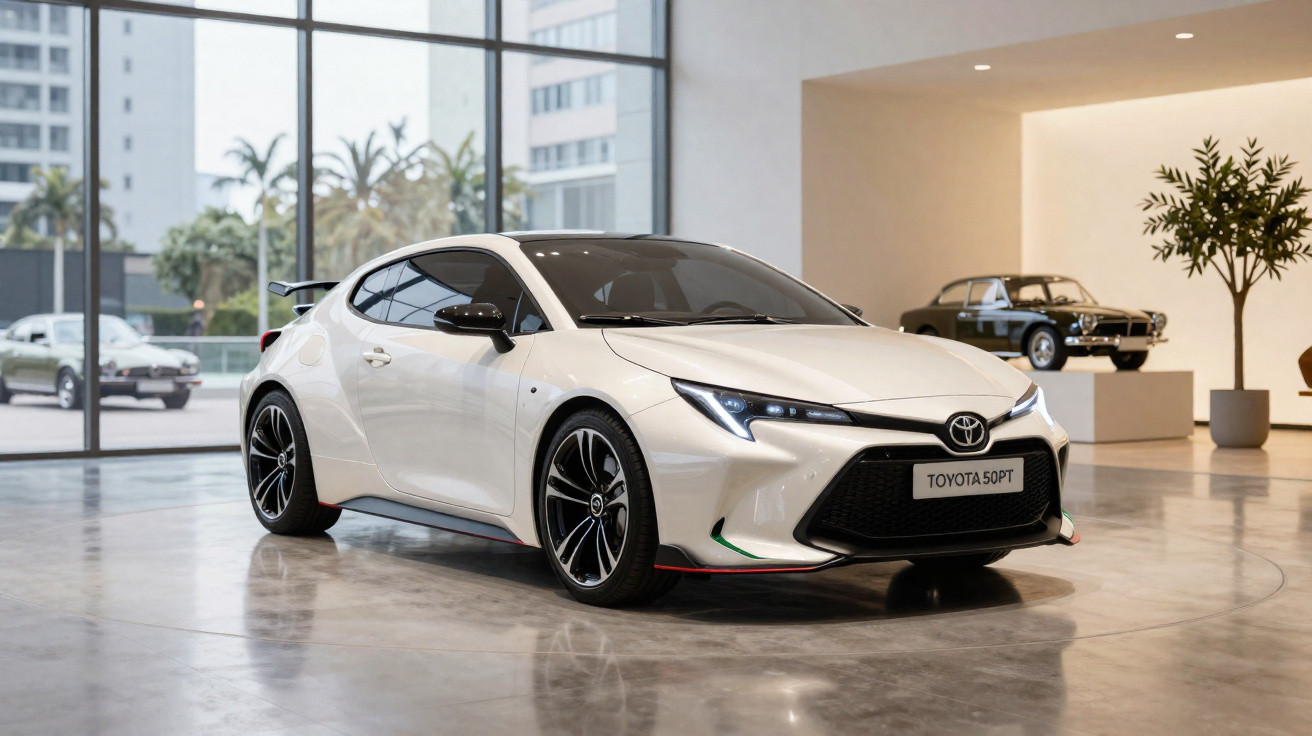 Carro esportivo branco Toyota 50PT em showroom moderno com piso de cimento polido.