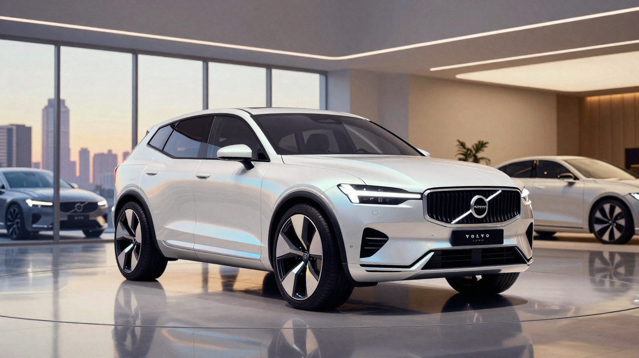 Carro SUV branco Volvo em showroom moderno com grandes janelas e reflexos no piso liso.