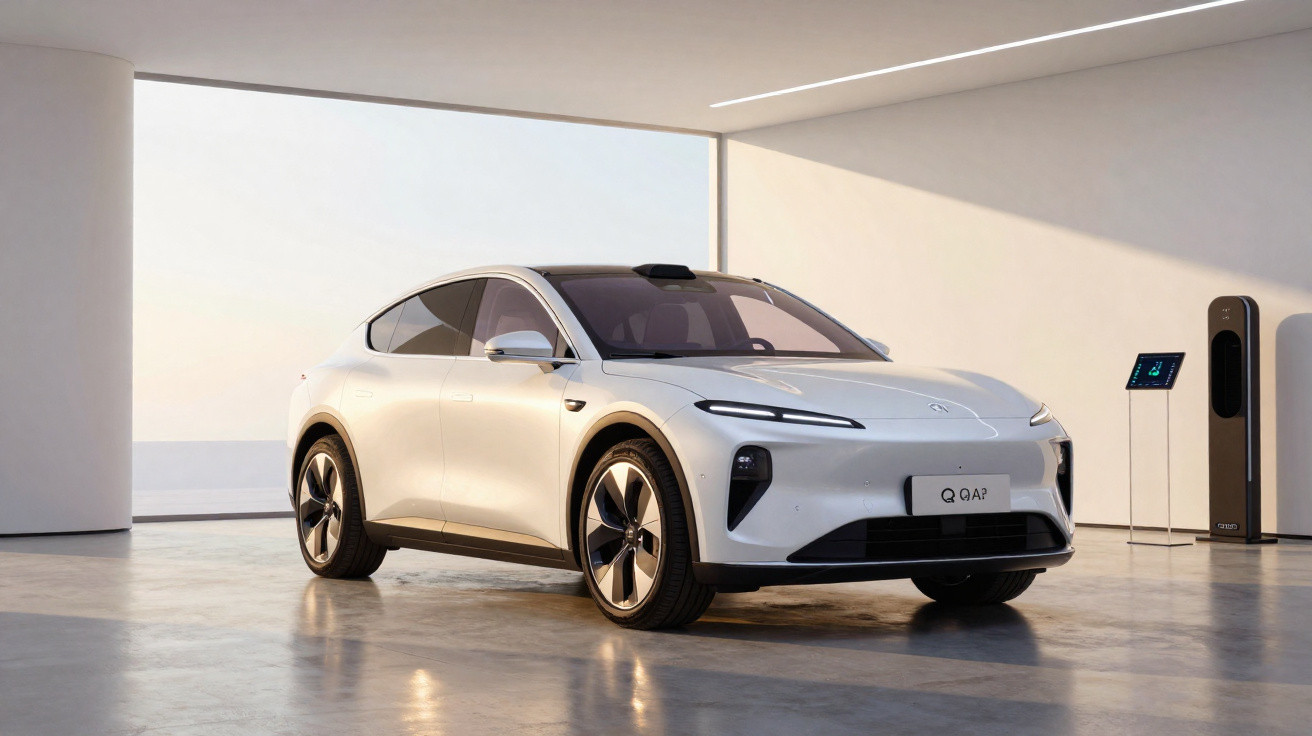 Carro elétrico branco estacionado em garagem moderna com carregador ao fundo.