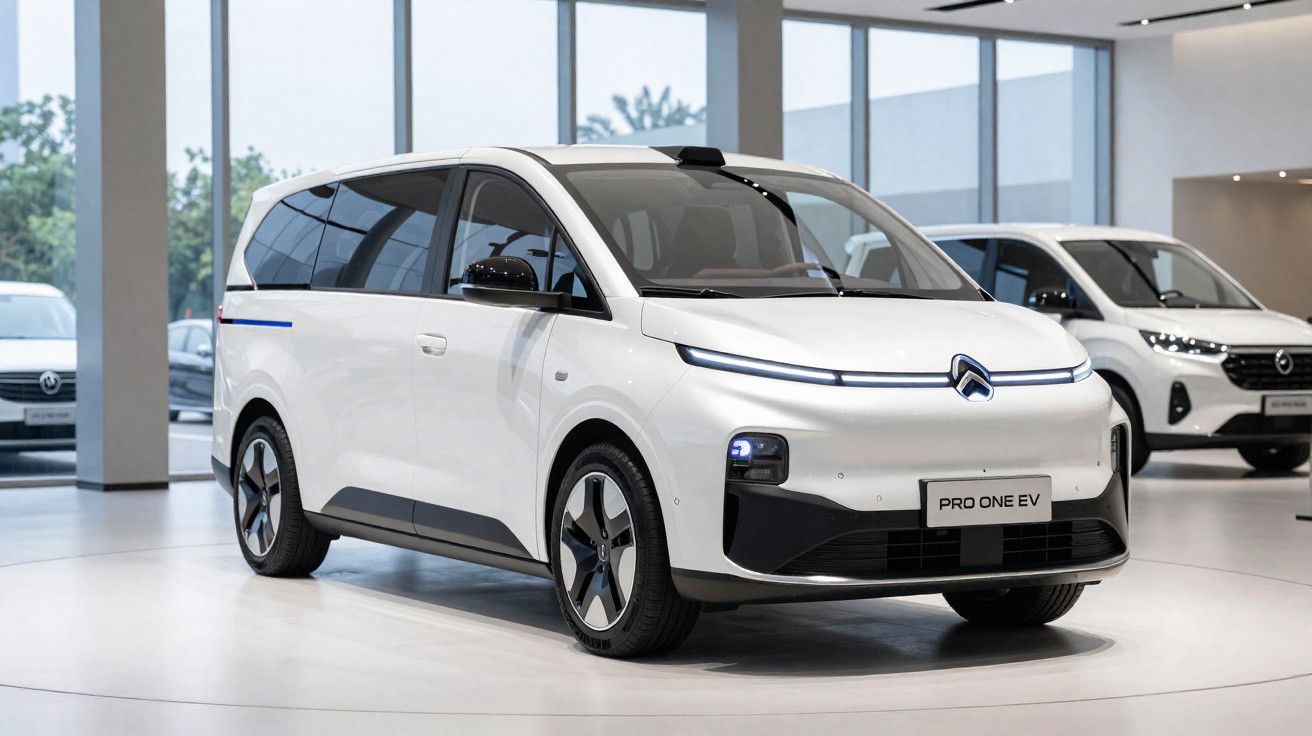 Carro elétrico branco Pro One EV em showroom moderno com iluminação natural e piso claro.
