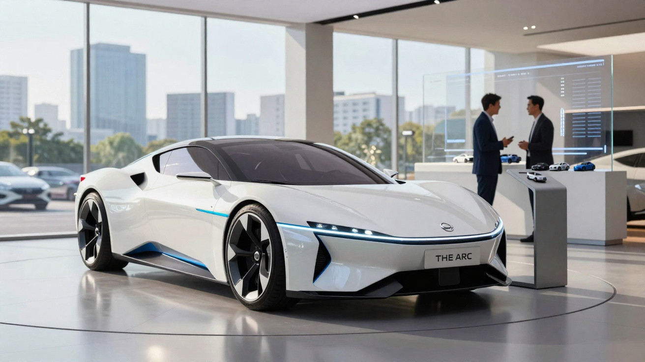 Carro esportivo branco elétrico futurista em exposição dentro de showroom moderno com duas pessoas conversando ao fundo.