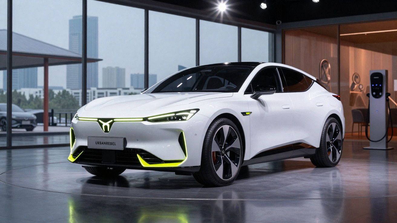 Carro elétrico branco moderno em exposição interna com luzes de destaque amarelas e estação de recarga ao fundo.