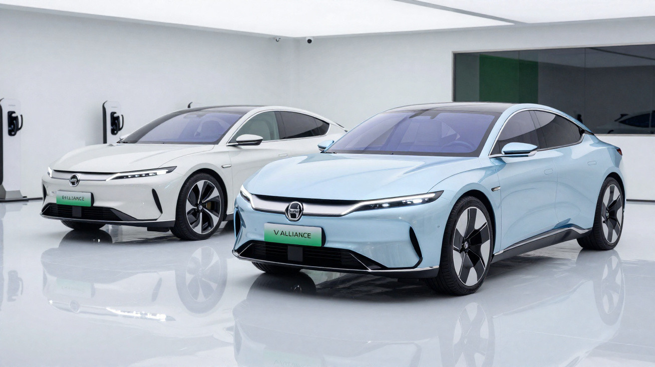Dois carros elétricos modernos em showroom branco, um azul claro e outro branco, com placas verdes.