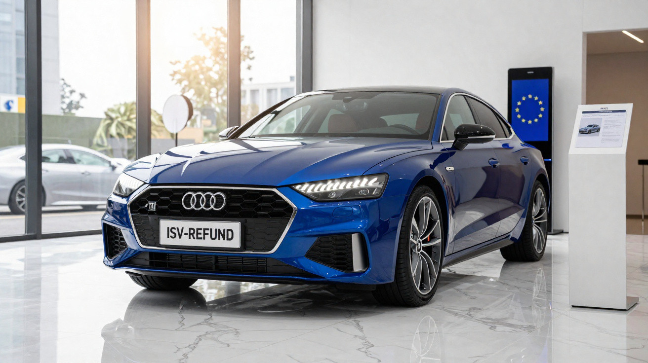 Carro Audi azul exposto em showroom moderno com luz natural e pedestal informativo ao lado.