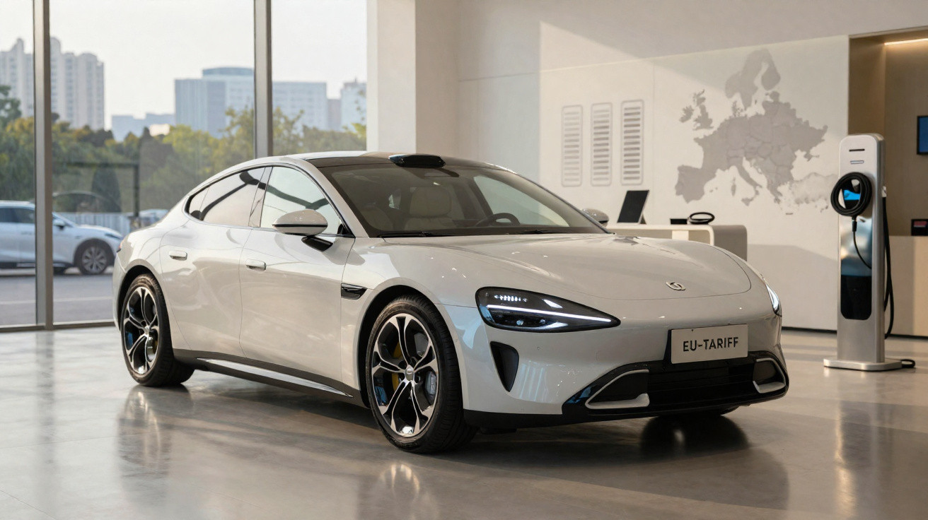 Carro elétrico branco estacionado em showroom moderno com parede decorada por mapa da Europa.