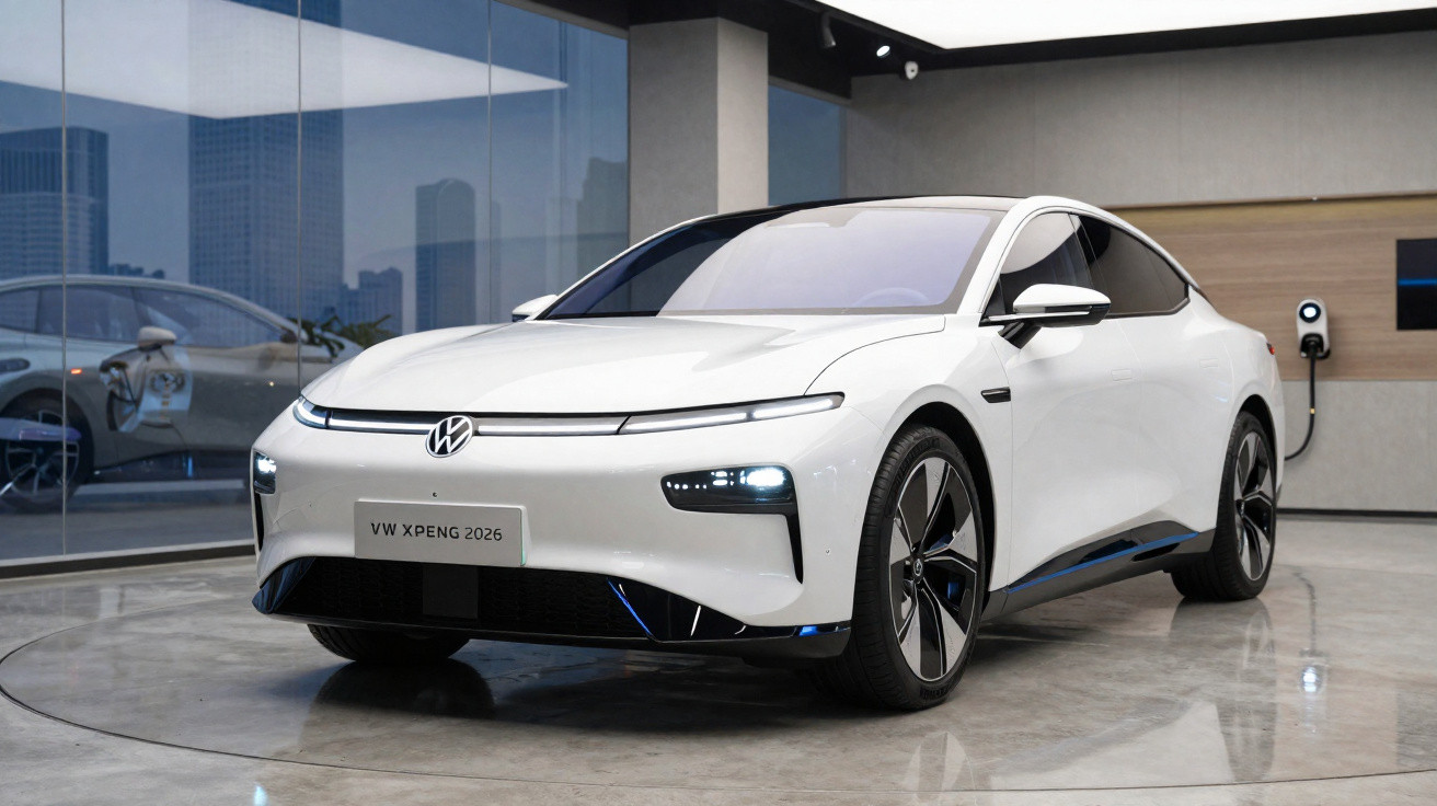 Carro elétrico branco VW XPeng 2026 em showroom moderno com parede de vidro e estação de carregamento.