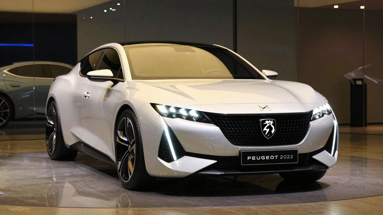 Carro esportivo branco Peugeot 2022 em exposição com faróis de LED acesos.