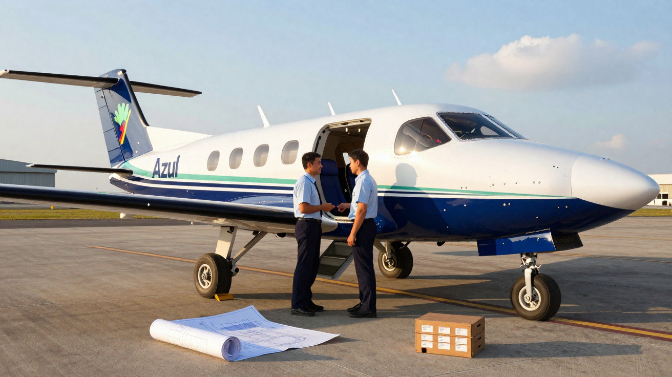 Dois tripulantes conversam ao lado de avião pequeno da Azul, em pista com caixa e plantas ao chão.