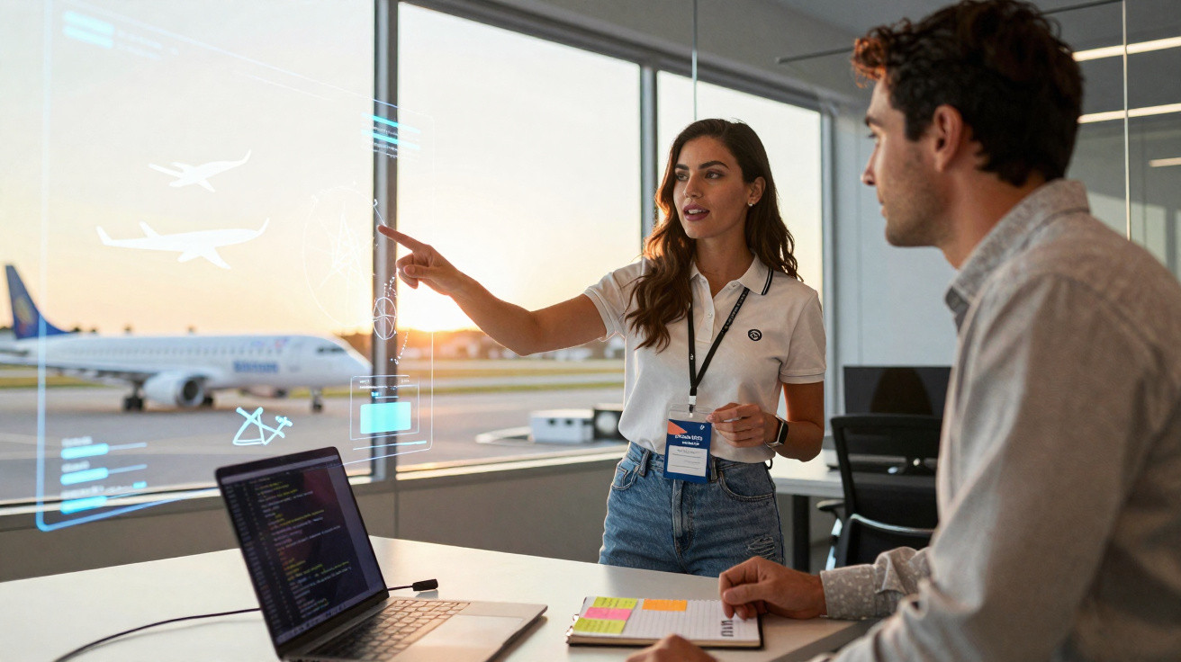 Mulher aponta para tela holográfica com projeto de aviões, homem observa, escritório com vista para pista de aeroporto.