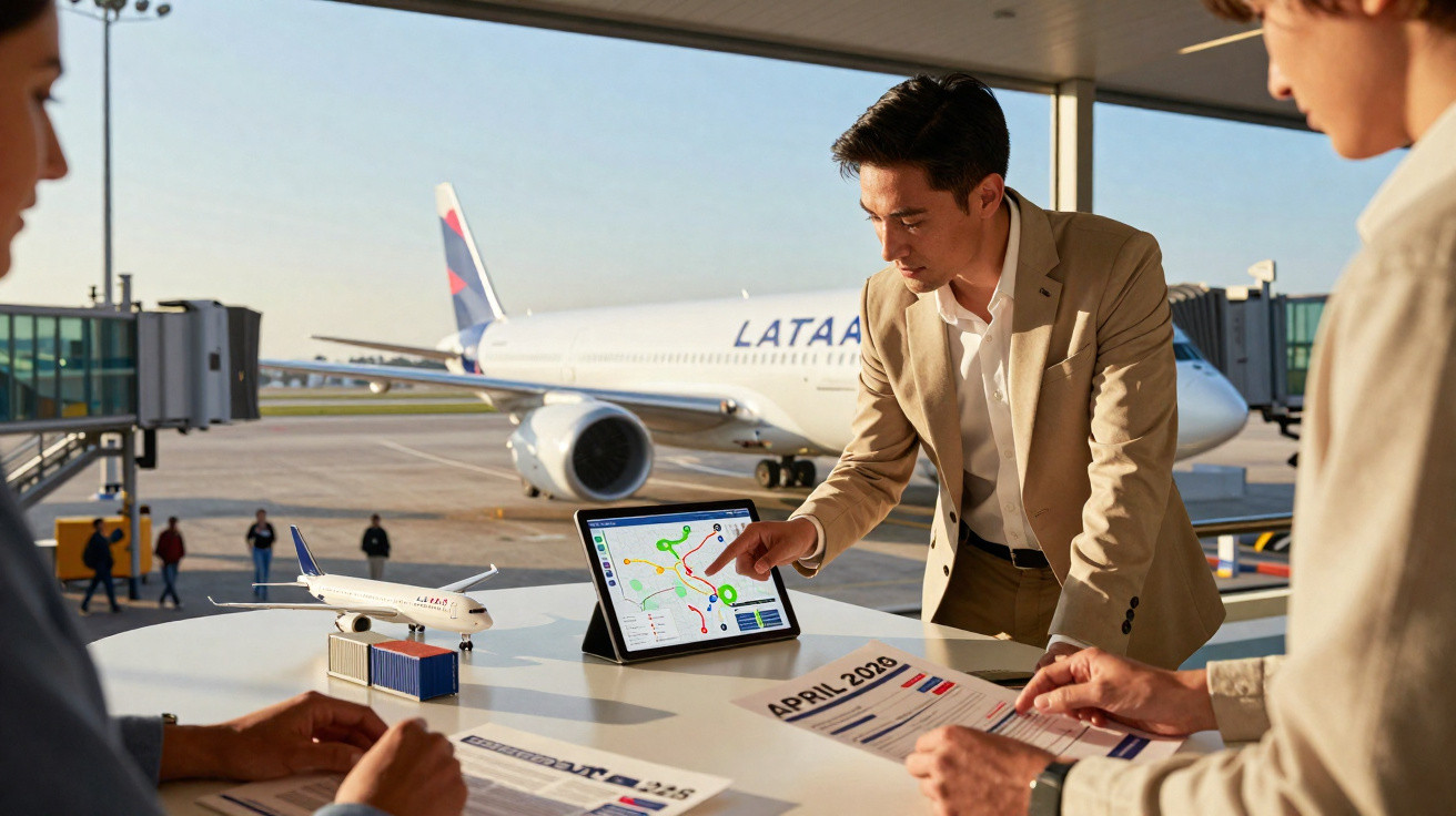 Profissional em aeroporto apresentando rota em tablet para colegas, com avião LATAM ao fundo.